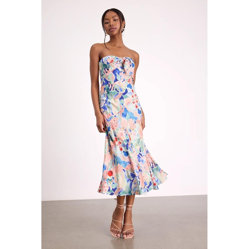 Lulus Shauna Blue Multi Floral Tie-Front Midi Dress Size Small